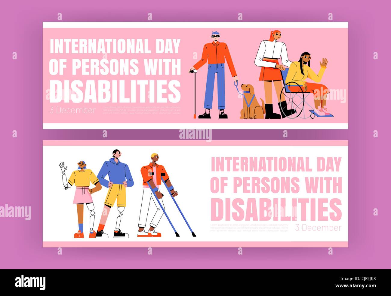 Affiches de la Journée internationale des personnes handicapées. Bannières vectorielles avec illustration plate de fille en fauteuil roulant, aveugle avec chien guide, homme et femme avec prothèse Illustration de Vecteur