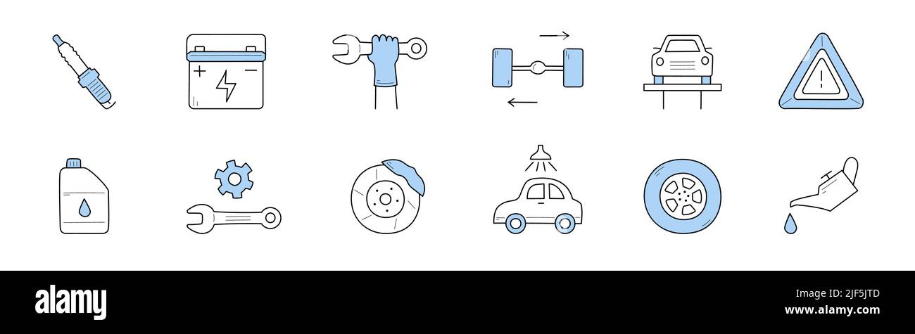 Icônes d'entretien de voiture, signaux vectoriels bougie, accumulateur, main avec clé et roues. Auto sur l'élévateur, panneau d'avertissement, station-service, lubrificateur avec huile et engrenages. Illustrations vectorielles de dessin au trait Illustration de Vecteur