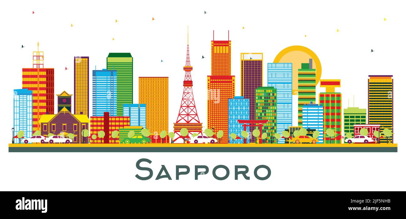 Sapporo Japan City Skyline avec bâtiments couleur isolés sur blanc. Illustration vectorielle. Voyages d'affaires et tourisme concept avec architecture moderne. Illustration de Vecteur