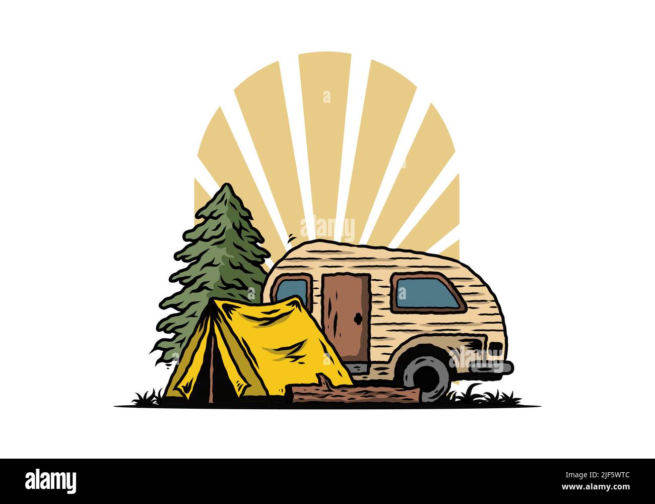 Illustration d'un camping-car en forme de goutte d'eau et d'une tente devant un pin Illustration de Vecteur