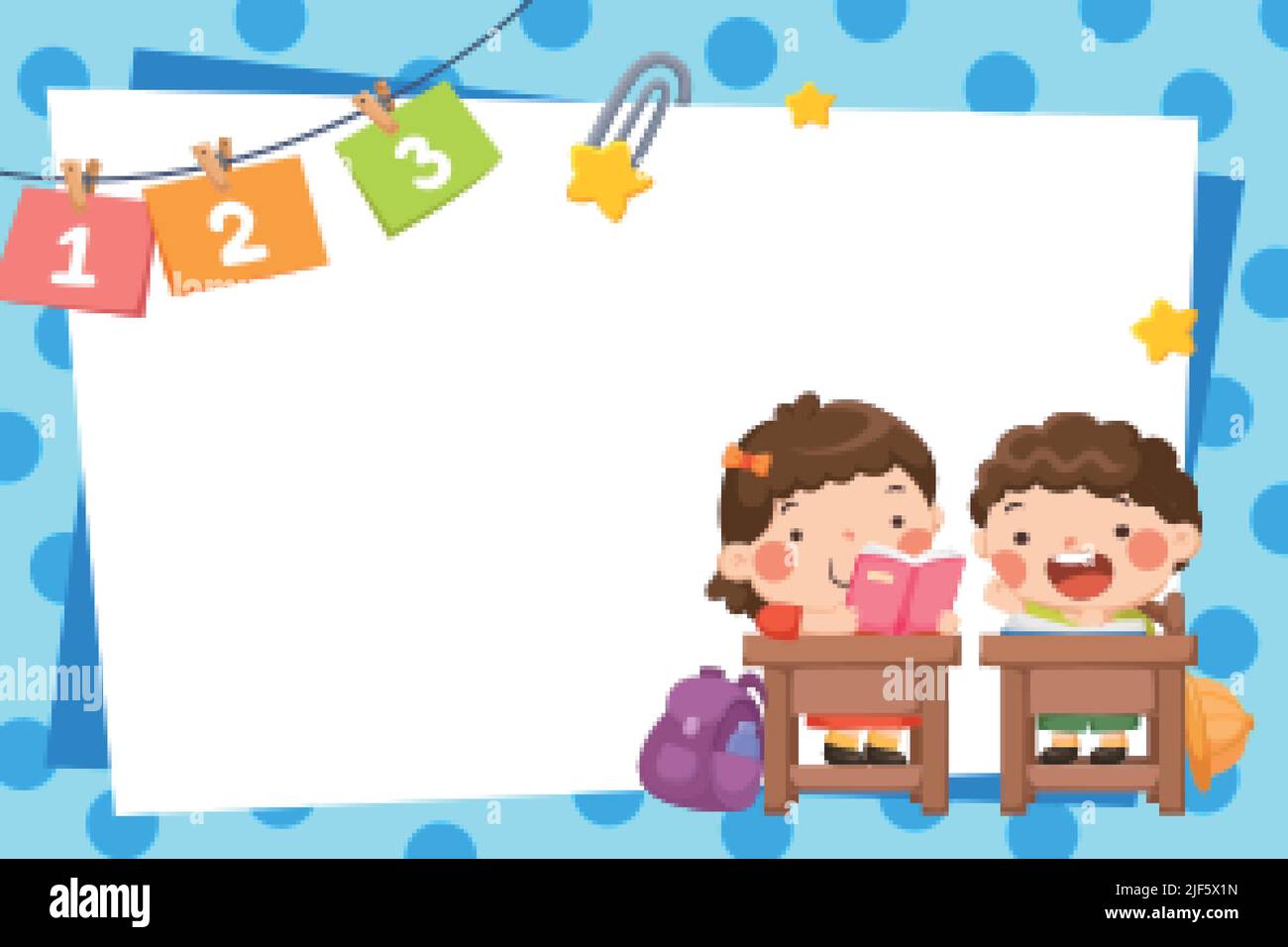 Illustration d'un cadre en feuille de papier avec des enfants assis dans une salle de classe sur un fond bleu pâle. Design pour la rentrée Illustration de Vecteur