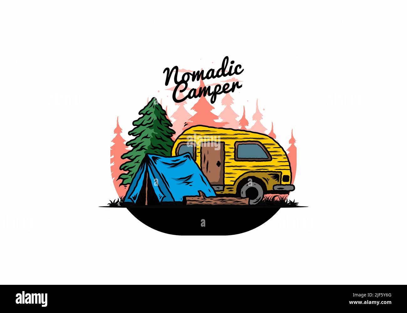 Illustration d'un camping-car en forme de goutte d'eau et d'une tente devant un pin Illustration de Vecteur