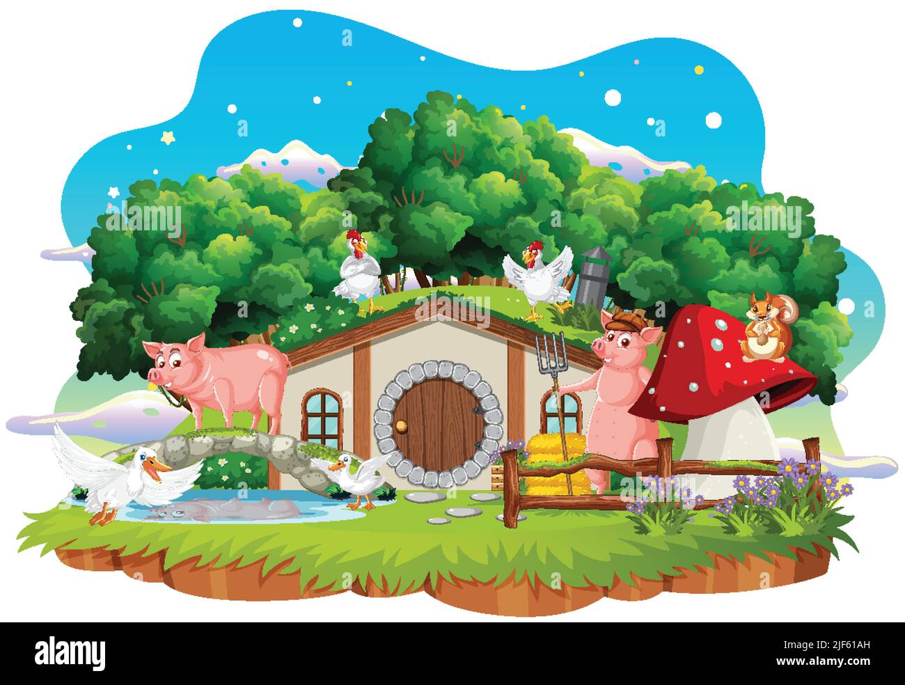 Animaux de ferme à la maison hobbit sur fond blanc illustration Illustration de Vecteur
