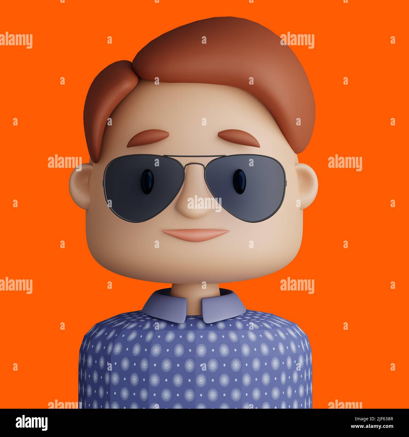 3D illustration de l'homme souriant. Dessin animé gros plan portrait d'un homme souriant avec des lunettes de soleil sur fond orange. 3D Avatar pour ui ux. Banque D'Images