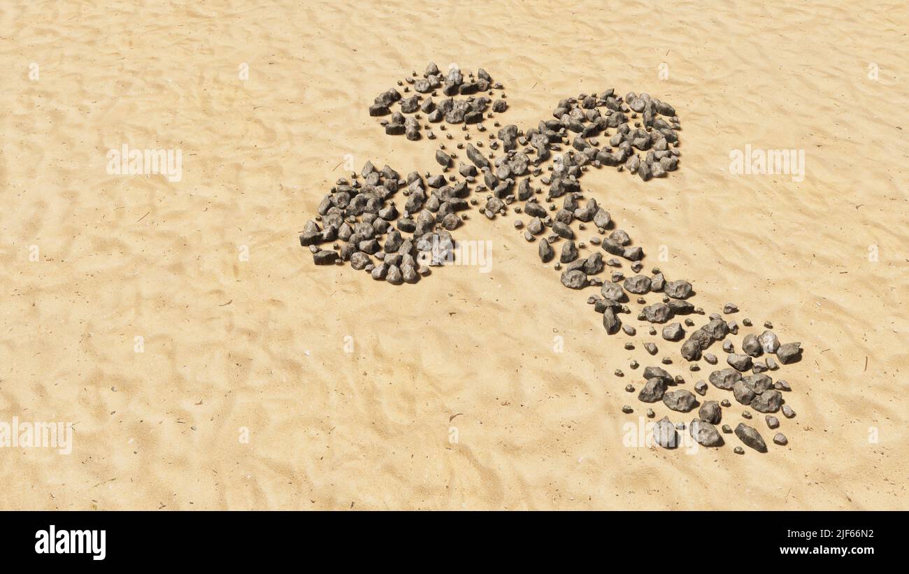 Concept pierres conceptuelles sur plage sable forme de symbole fait à la main, fond de sable doré, croix chrétienne.Une métaphore d'illustration 3d pour Dieu, Christ Banque D'Images