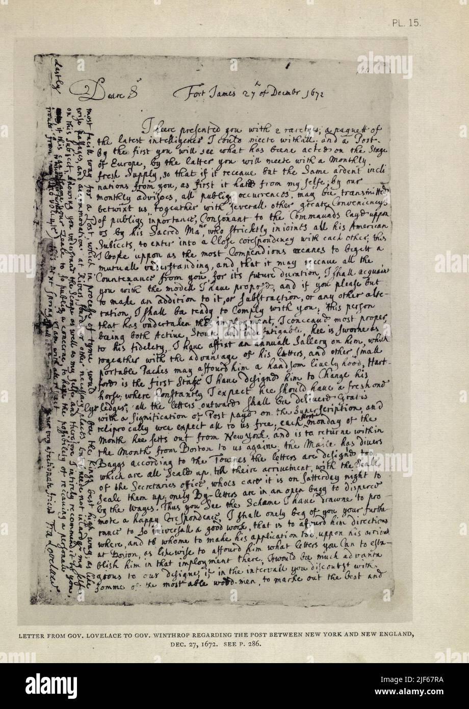 LETTRE DE GOV. LOVELACE À GOV. WINTHROP CONCERNANT LE POSTE ENTRE NEW YORK ET LA NOUVELLE ANGLETERRE, DEC. 27; 1072. Tiré du livre The iconography of Manhattan Island, 1498-1909 compilé à partir de sources originales et illustré par des reproductions photo-intaglio de cartes, plans, vues et documents importants dans des collections publiques et privées - Volume 4 Banque D'Images