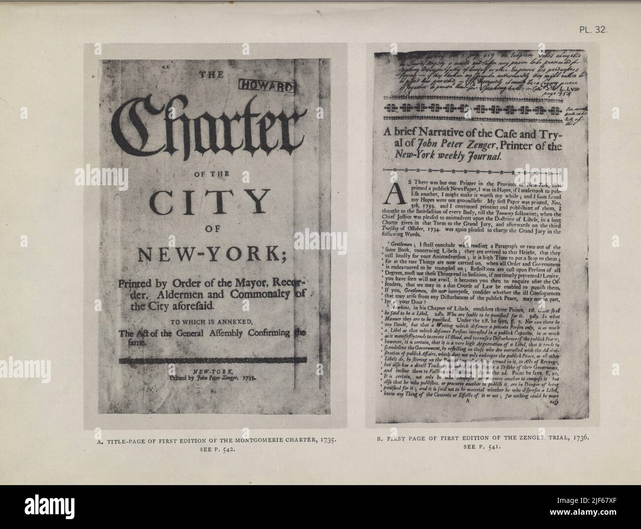 PAGE DE TITRE DE LA PREMIÈRE ÉDITION DE LA CHARTE DE MONTGOMERIE, 1735 (à gauche) PREMIÈRE PAGE DE LA PREMIÈRE ÉDITION DU PROCÈS DE ZENGER, 1736 (à droite) du livre The iconographie of Manhattan Island, 1498-1909 compilé à partir de sources originales et illustré par des reproductions photo-intiglio de cartes, plans, vues importantes, Et documents dans les collections publiques et privées - Volume 4 Banque D'Images