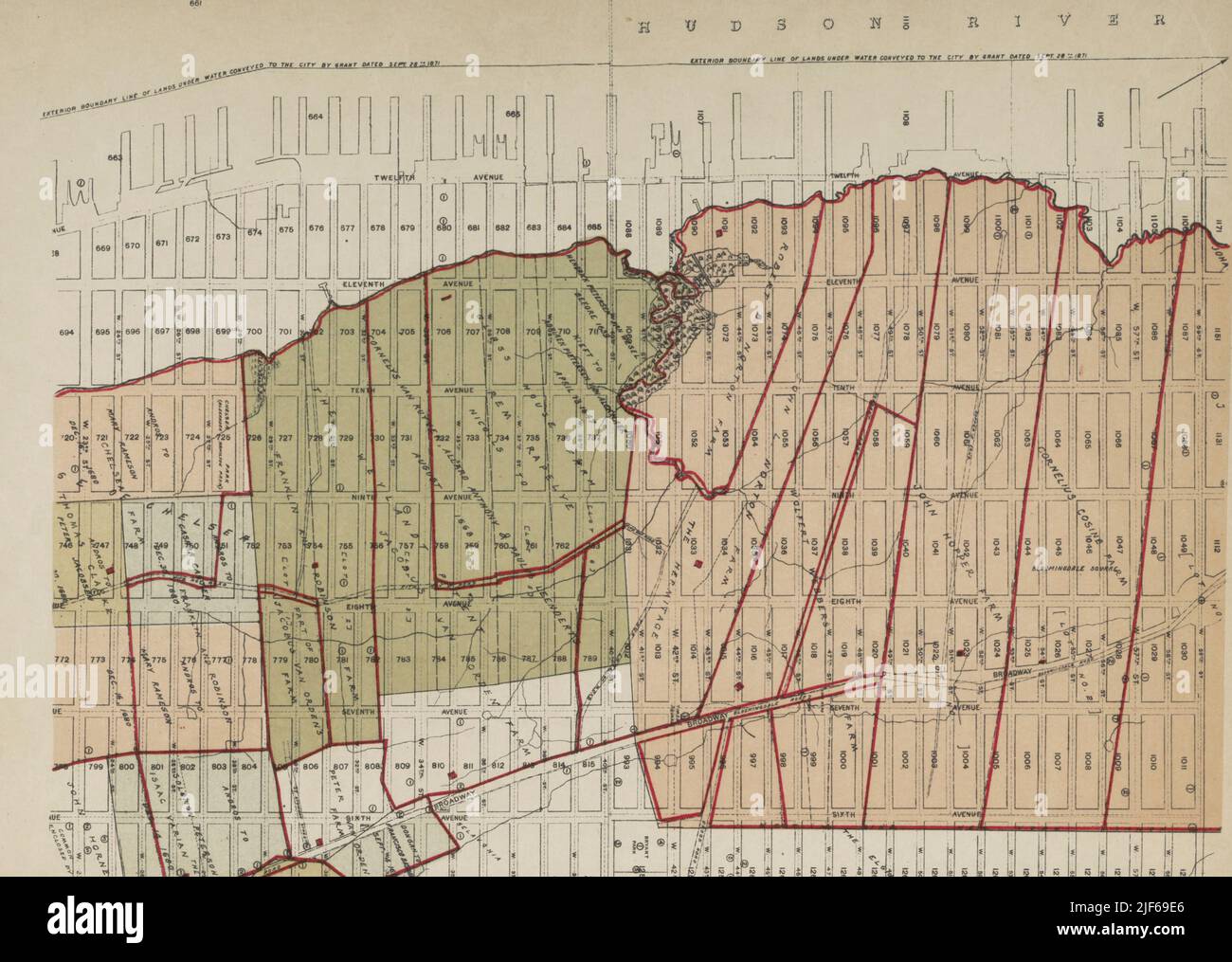 CARTE DES SUBVENTIONS ET DES FERMES ORIGINALES du livre The iconographie of Manhattan Island, 1498-1909 compilé à partir de sources originales et illustré par des reproductions photo-intaglio de cartes, plans, vues et documents importants dans des collections publiques et privées - Volume 6 Banque D'Images