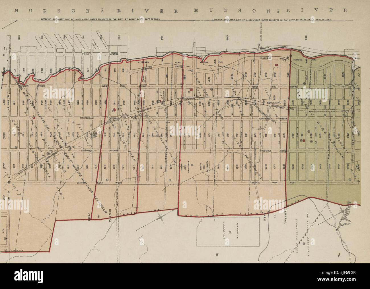 CARTE DES SUBVENTIONS ET DES FERMES ORIGINALES du livre The iconographie of Manhattan Island, 1498-1909 compilé à partir de sources originales et illustré par des reproductions photo-intaglio de cartes, plans, vues et documents importants dans des collections publiques et privées - Volume 6 Banque D'Images