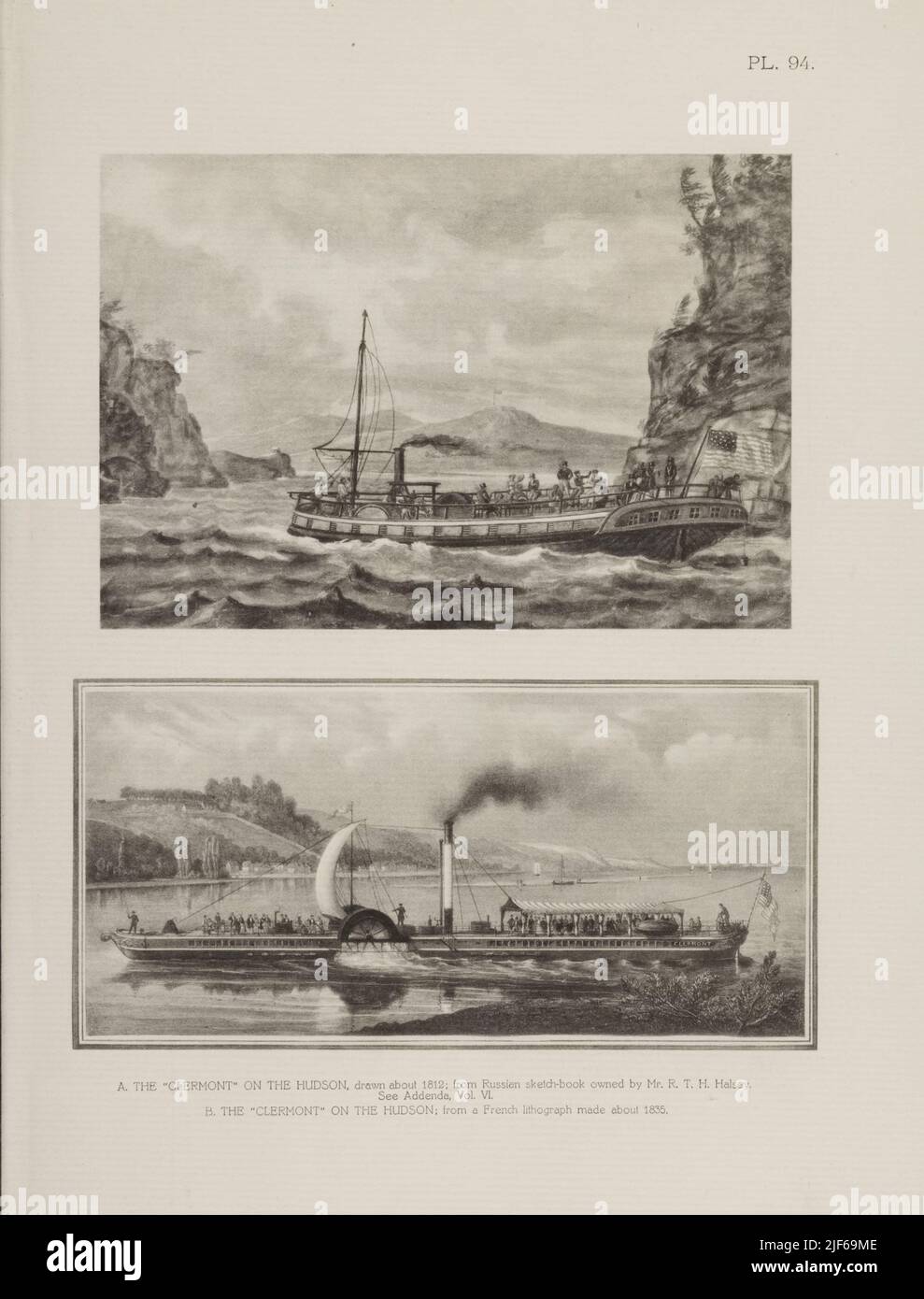 LE « CLERMONT » SUR L'HUDSON; TIRÉ VERS I812, D'UN SKETCH-BOOK RUSSE. [Haut] LE 'CLERMONT' SUR L'HUDSON; D'UNE LITHOGRAPHIE FRANÇAISE FAITE VERS 1835 [bas] du livre l'iconographie de Manhattan Island, 1498-1909 compilé à partir de sources originales et illustré par des reproductions photo-intaglio de cartes, plans, vues, et documents importants dans les collections publiques et privées - Volume 6 Banque D'Images