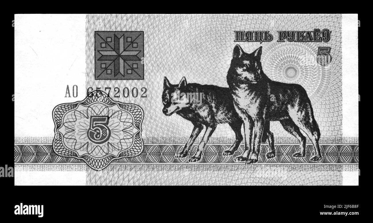 Photo Banknote Bélarus, 1992,5 roubles, loups Banque D'Images