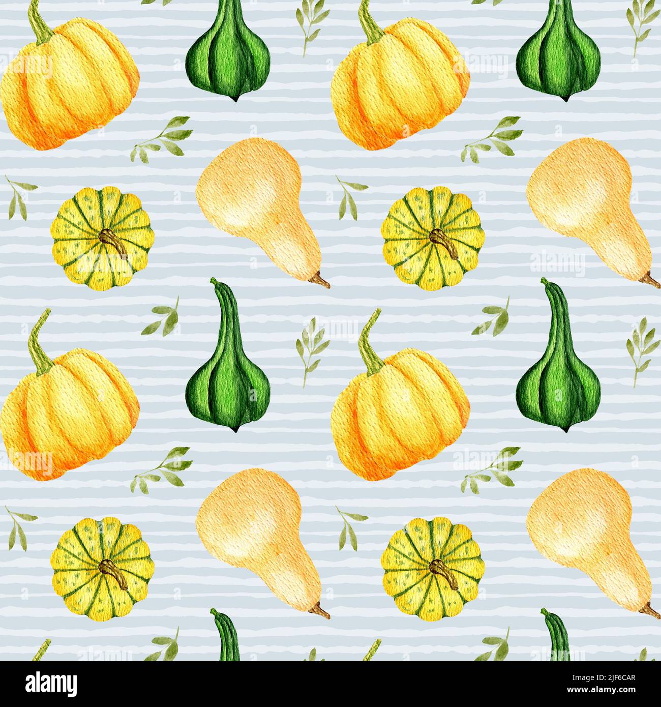 Citrouille orange et verte sur fond rayé. Motif aquarelle sans coutures avec citrouilles. Design d'automne pour Thanksgiving et Halloween. Banque D'Images