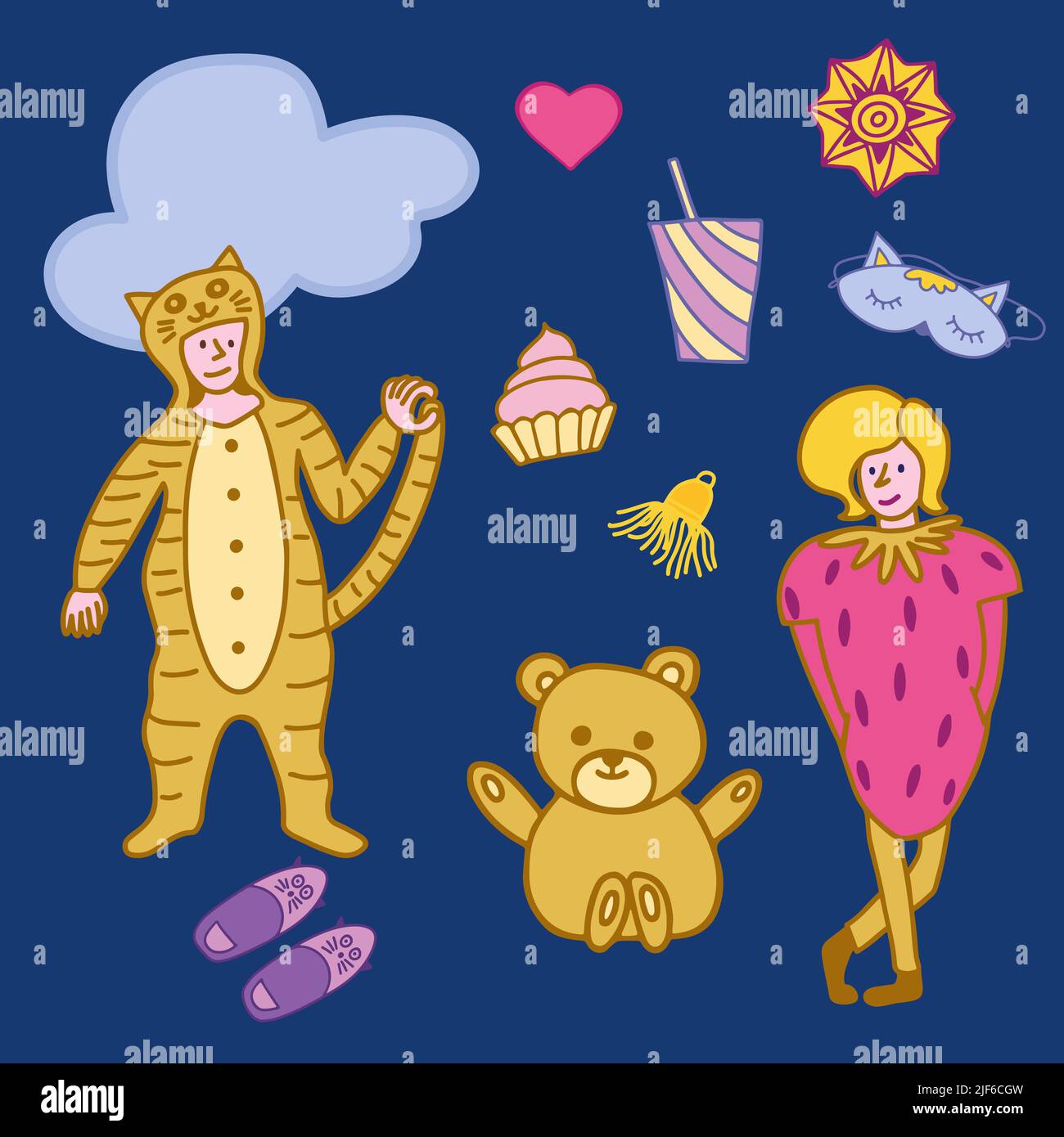 Éléments de style Doodle pour Slumber Party sur fond bleu foncé. Illustration de Vecteur