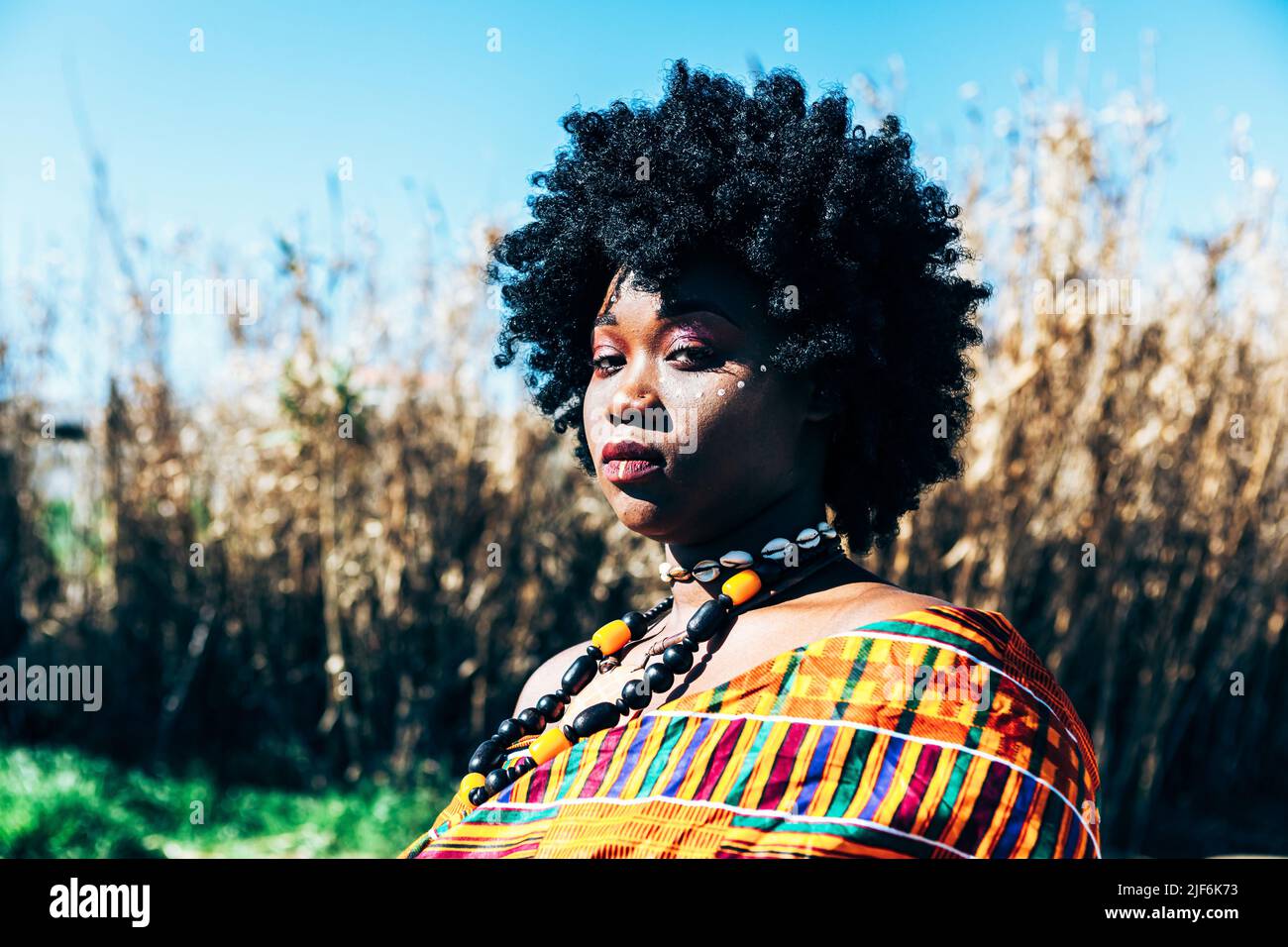 Modèle africain sérieux avec une coiffure afro portant un kente tissé à la main coloré et regardant l'appareil photo tout en se tenant sur le terrain les jours d'été lumineux Banque D'Images