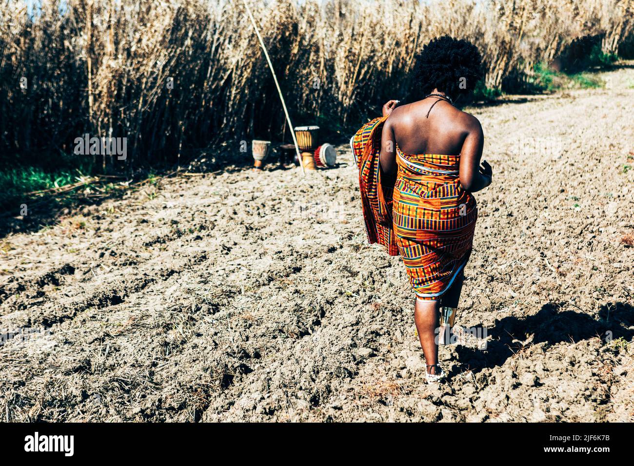 Vue arrière du modèle africain avec une coiffure afro portant un kente tissé à la main coloré tout en marchant sur le terrain par beau jour d'été Banque D'Images
