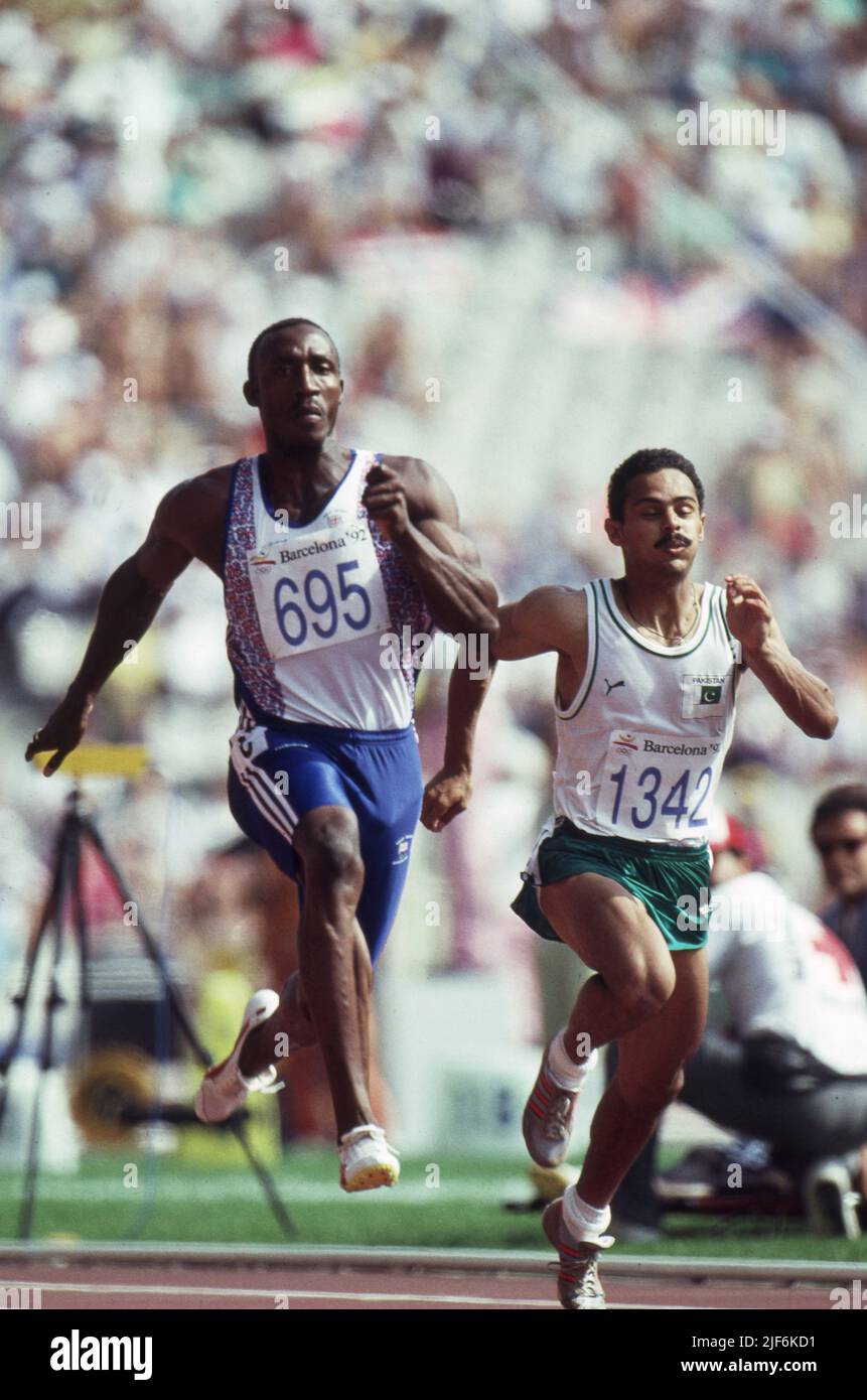 Linford Christie GBR Jeux Olympiques de 1992 Barcelone 1992 photo de Tony Henshaw Banque D'Images