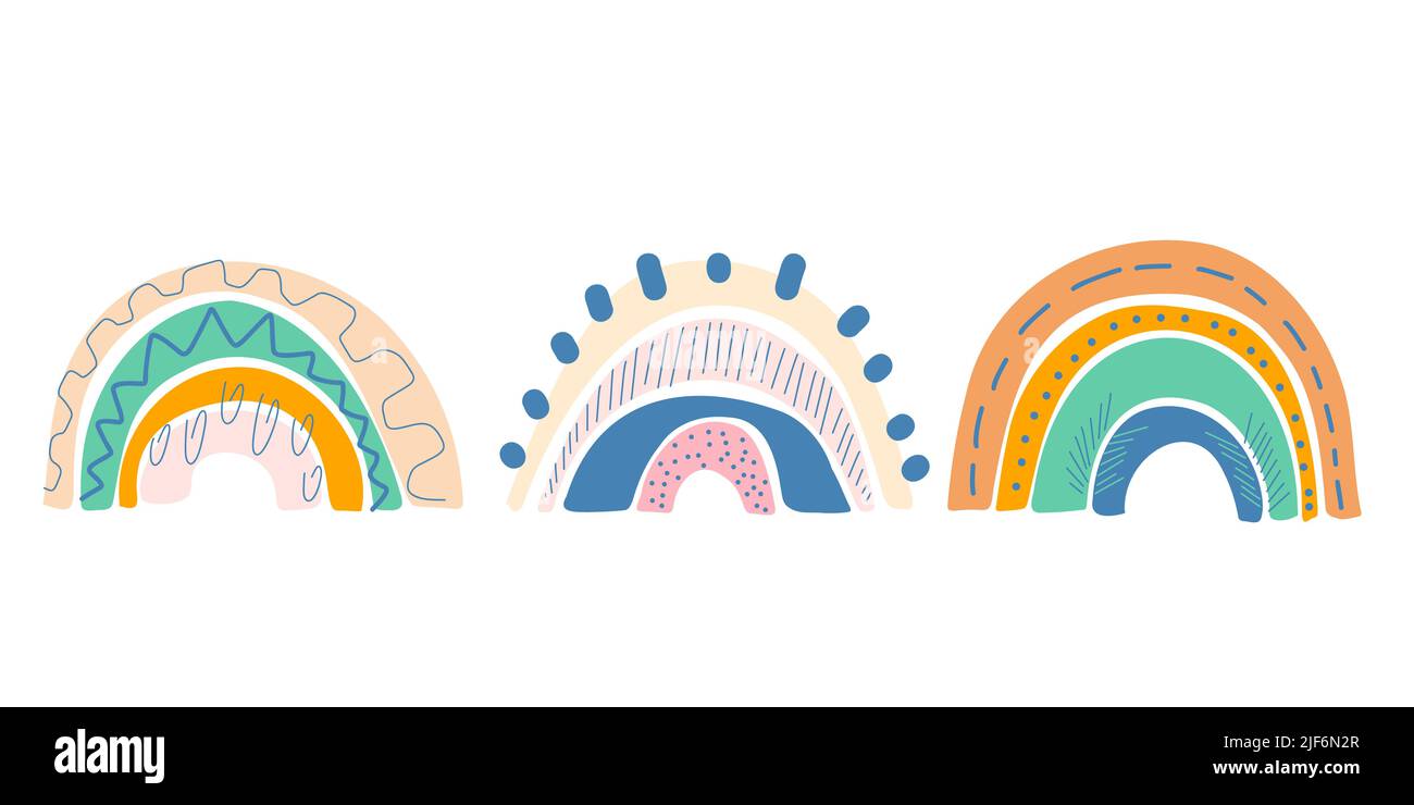 Boucles de pluie boho abstraites avec motif bizarre. Arc mignon dessiné à la main pour la décoration de pépinière, anniversaire, fête, affiches d'intérieur de chambre. Sexe neutre s Illustration de Vecteur