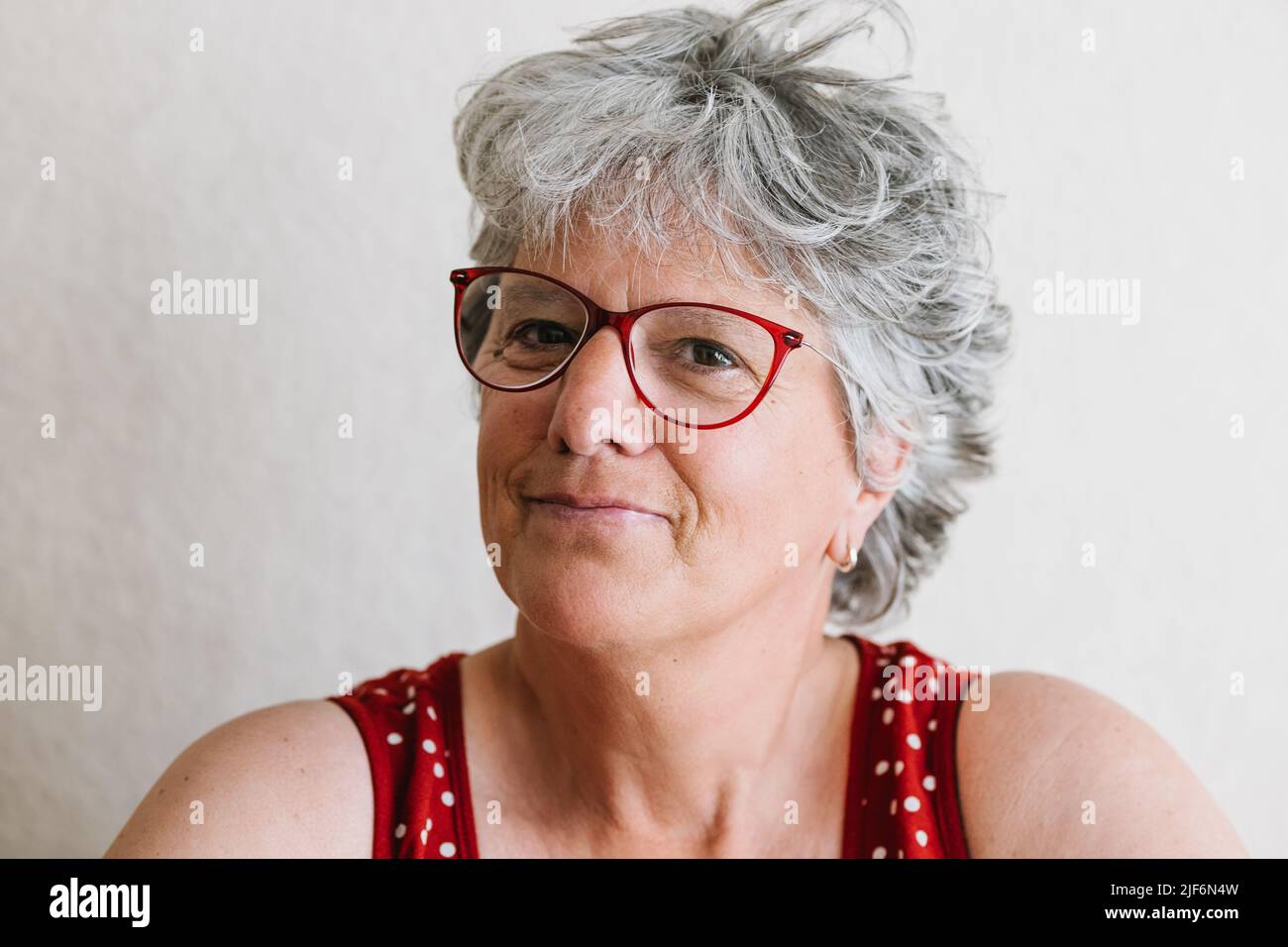 Femme âgée positive avec des cheveux gris dans des vêtements décontractés et des lunettes souriant et regardant l'appareil photo Banque D'Images