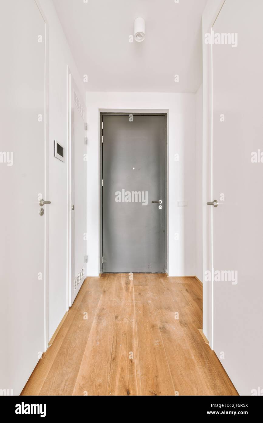 Couloir de l'appartement contemporain avec porte noire menant à la terrasse  Photo Stock - Alamy
