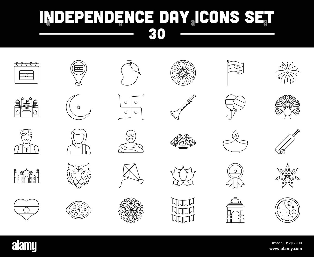 30 symbole ou icône national indien de style linéaire noir. Illustration de Vecteur