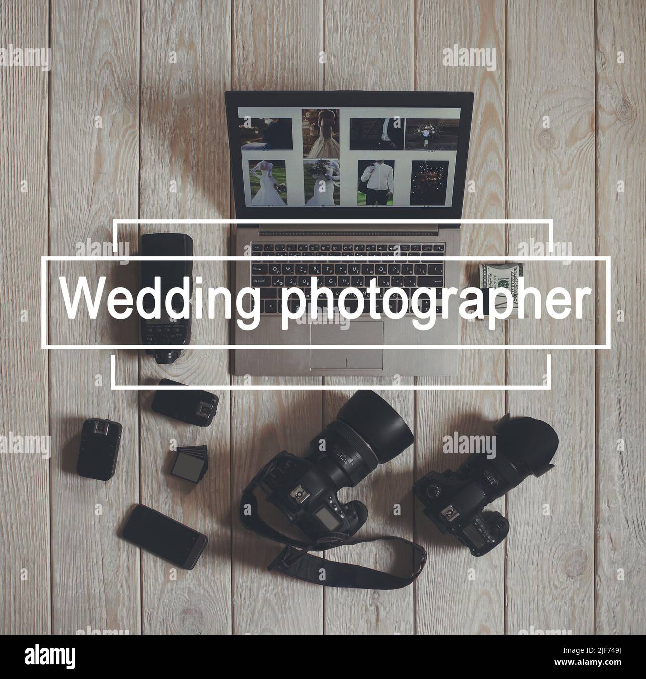 Photographe de mariage, outils de travail, pose à plat Banque D'Images