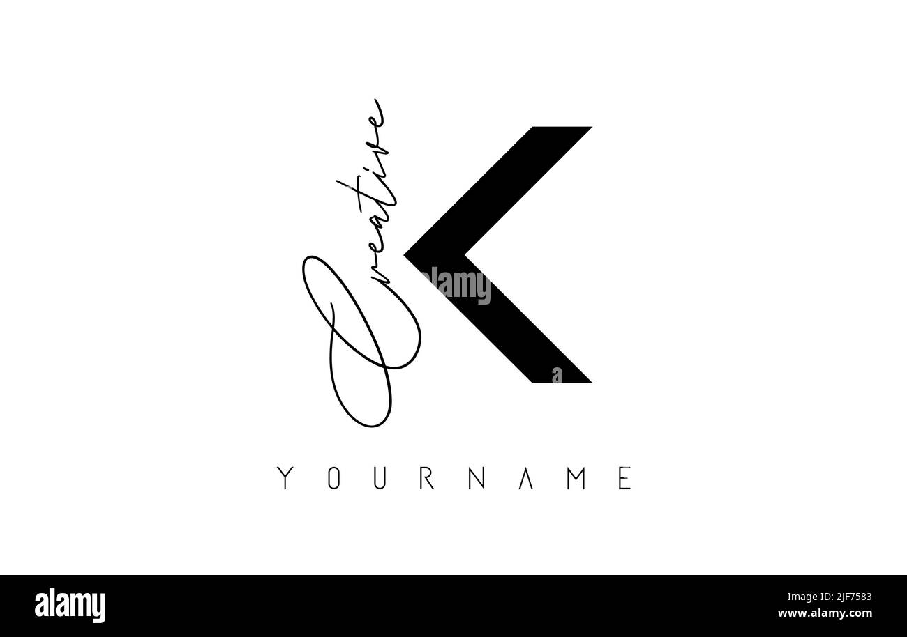 Logo K créatif avec coupures et texte manuscrit. Lettre à motif géométrique. Illustration vectorielle avec lettre et découpe créative. Illustration de Vecteur