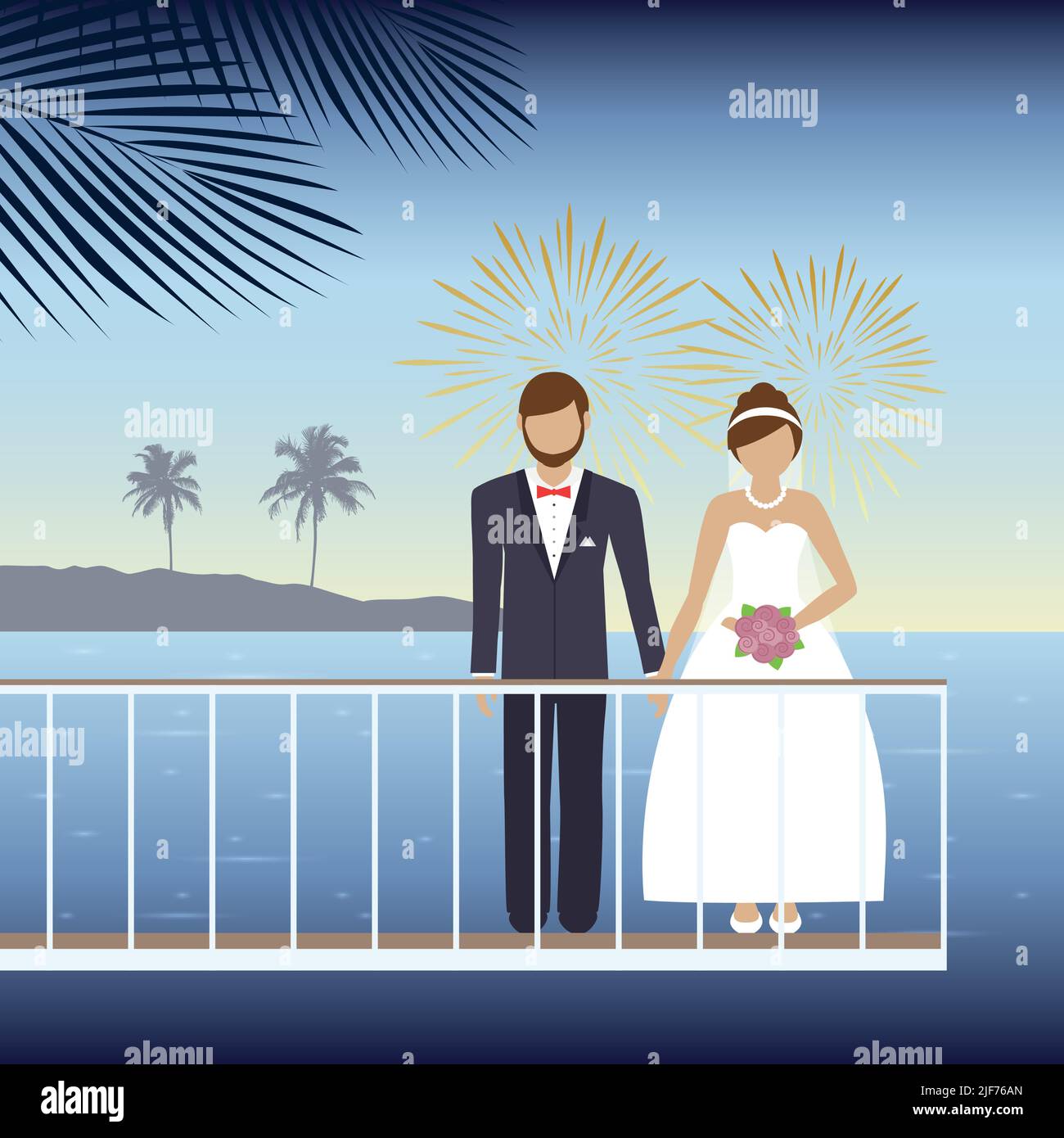 couple marié sur le pont au bord de la mer romantique vacances d'été conception Illustration de Vecteur