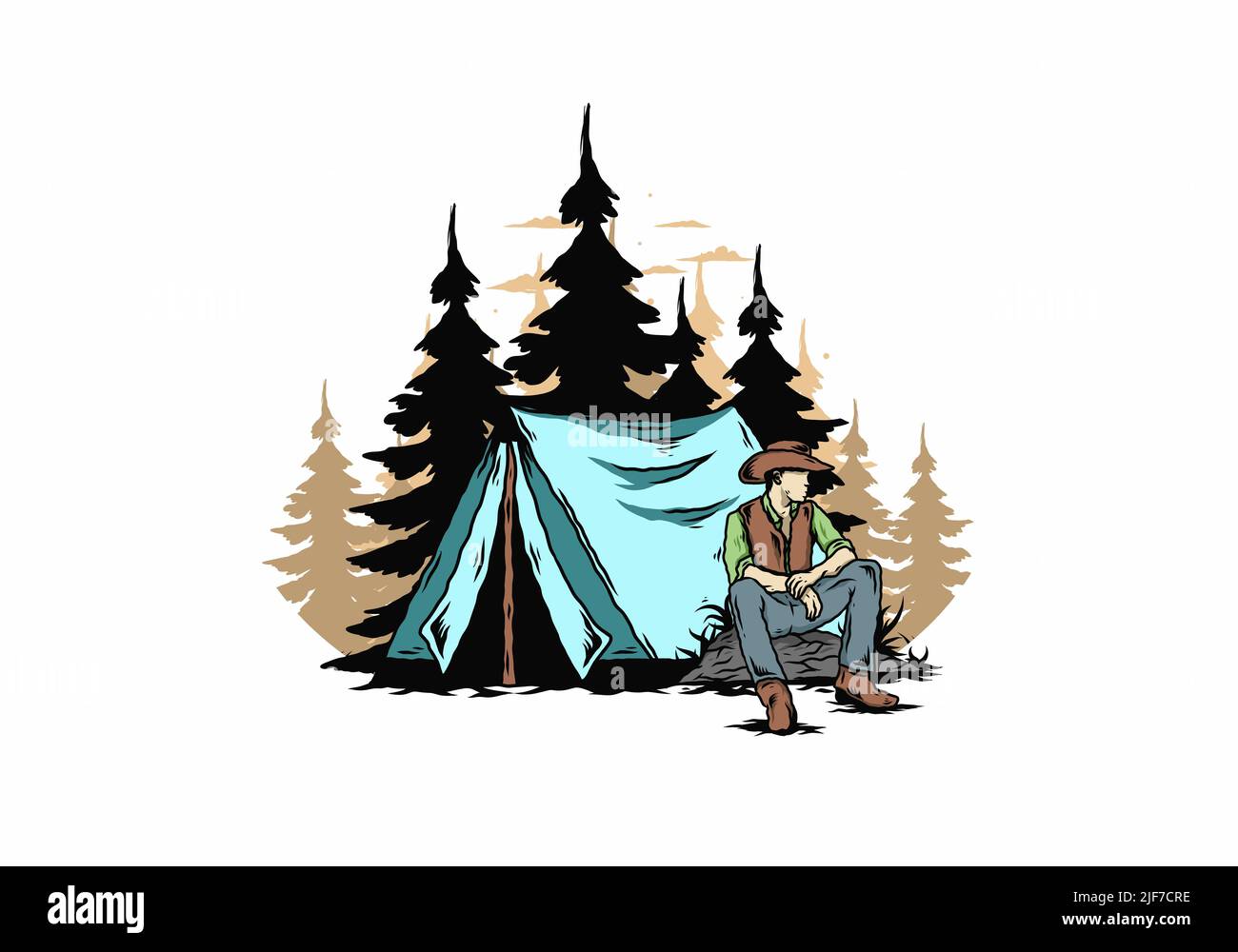 Illustration d'un homme portant un chapeau de cow-boy assis devant la tente Illustration de Vecteur