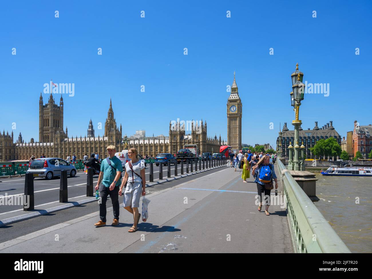 Les chambres du Parlement (Palais de Westminster) depuis le pont de Westminster, la Tamise, Londres, Angleterre, Royaume-Uni Banque D'Images