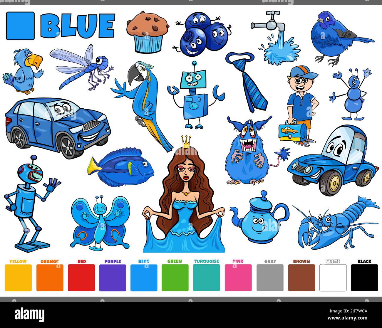 Ensemble d'illustrations de dessins animés avec des personnages de bandes dessinées tels que des personnes et des animaux ou des objets en bleu Illustration de Vecteur