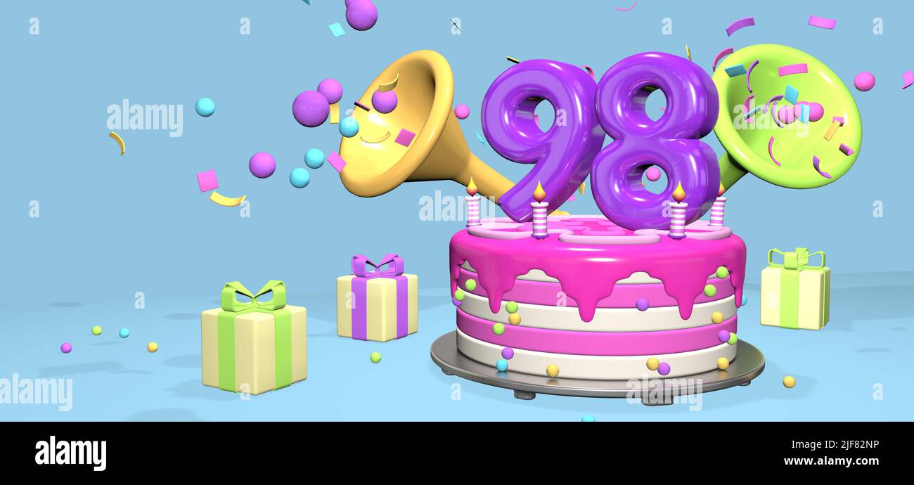 Gâteau d'anniversaire rose avec violet épais numéro 98 et bougies sur plaque métallique entouré de boîtes-cadeaux avec des cornes éjectant confetti et sphères sur le passé Banque D'Images
