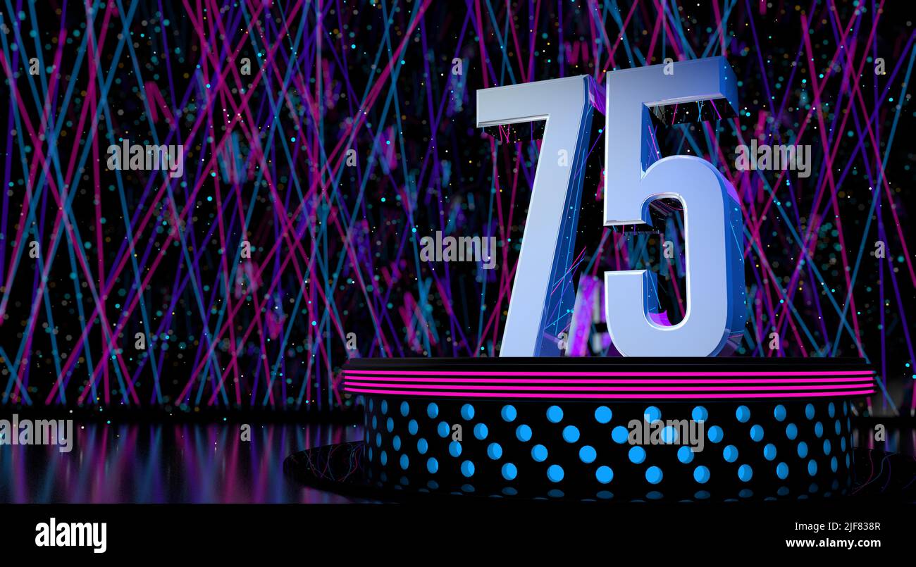 Numéro 75 fixe réfléchissant sur une scène ronde avec des lumières bleues et magenta avec un fond défoqué de lumières laser et des étincelles blanches de célébration a Banque D'Images