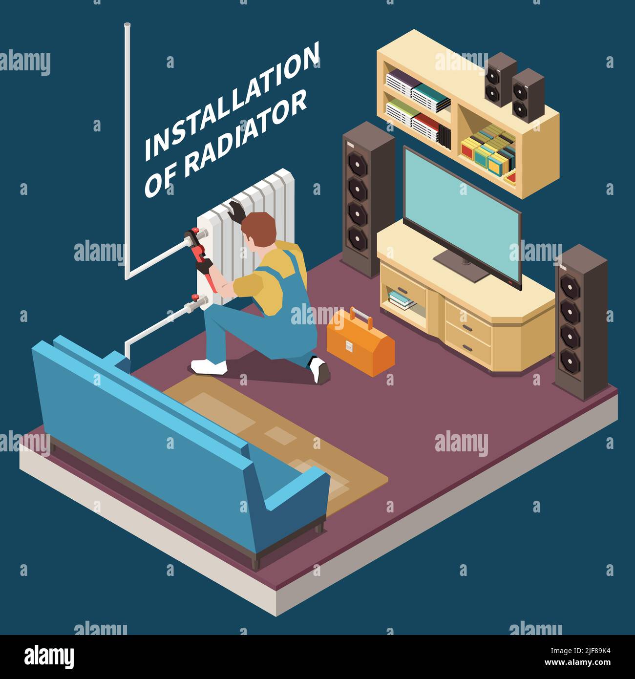 Plomber la composition isométrique et colorée avec l'installation du radiateur dans l'illustration vectorielle de la pièce Illustration de Vecteur