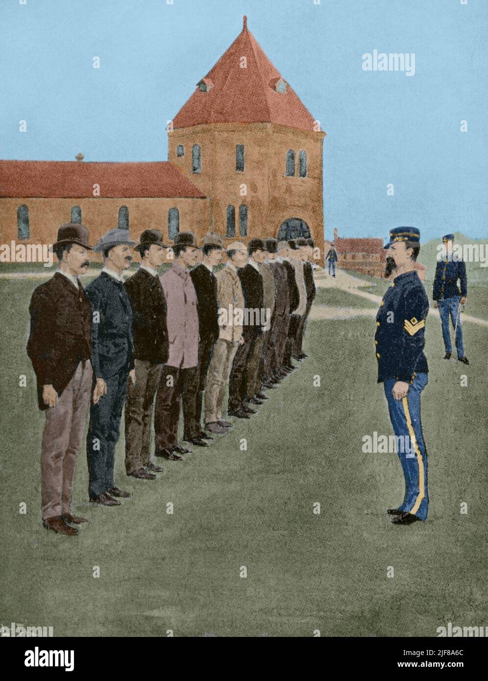 Guerre hispano-américaine. Conflit de guerre entre l'Espagne et les États-Unis en 1898, résultat de l'intervention nord-américaine dans la guerre d'indépendance cubaine. États-Unis. Préparatifs de guerre après le naufrage de la 'Maine'. Formation de recrues d'artillerie à fort Slocum, sur l'île Davids, dans le détroit de long Island, à New Rochelle, New York. Photogravure. Coloration ultérieure. La Ilustración Española y Americana, 1898. Banque D'Images