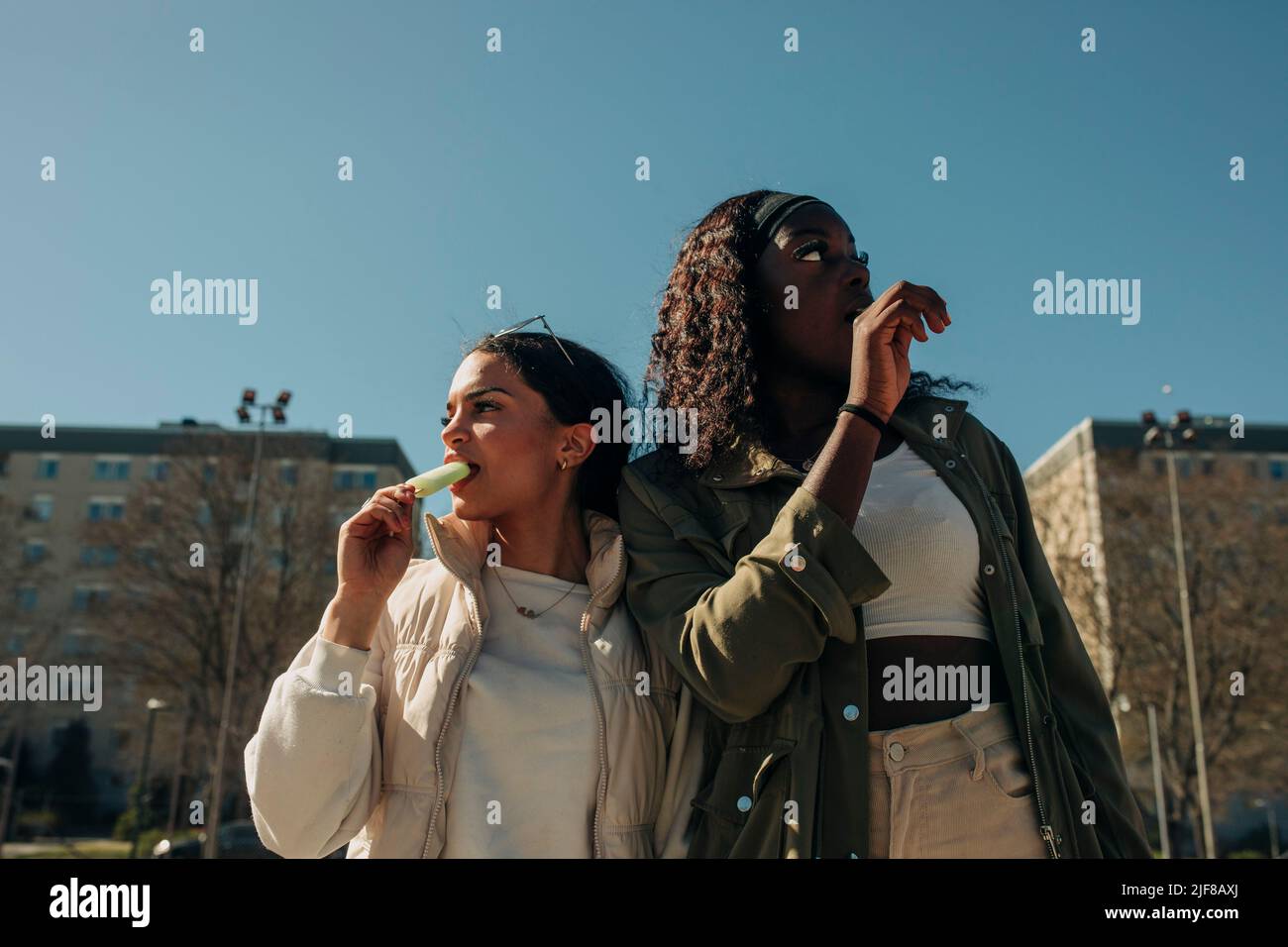 Vue à angle bas des amies qui mangent de la glace tout en regardant loin par temps ensoleillé Banque D'Images