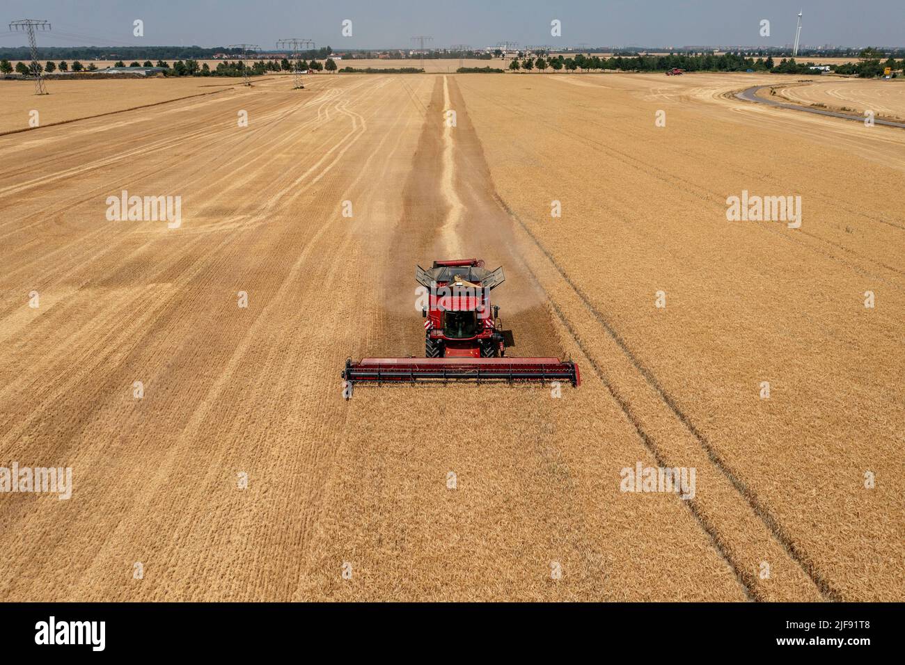 Rehbach, Allemagne. 30th juin 2022. Une moissonneuse-batteuse appartenant à Agrarprodukte Kitzen, par exemple, récolte de l'orge dans un champ proche de Leipzig. Normalement, la récolte ne commence pas ici avant juillet. Cette année, après la chaleur et la sécheresse, les agriculteurs de Saxe emportent leurs moissonneuses-batteuses dans les champs bien plus tôt dans de nombreux endroits. Agrarprodukte Kitzen, par exemple, exploite 2800 hectares de terres arables, dont les céréales s'étendent sur environ 1900 hectares. (Photo aérienne avec drone) (pour dpa, « les moissonneuses-batteuses roulent - début de récolte précoce pour les agriculteurs de Saxe ») crédit : Jan Woitas/dpa/Alay Live News Banque D'Images