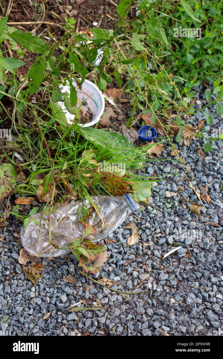 vieille bouteille en plastique et tasse jetées sur le côté de la route avec les mauvaises herbes qui poussent à travers Banque D'Images