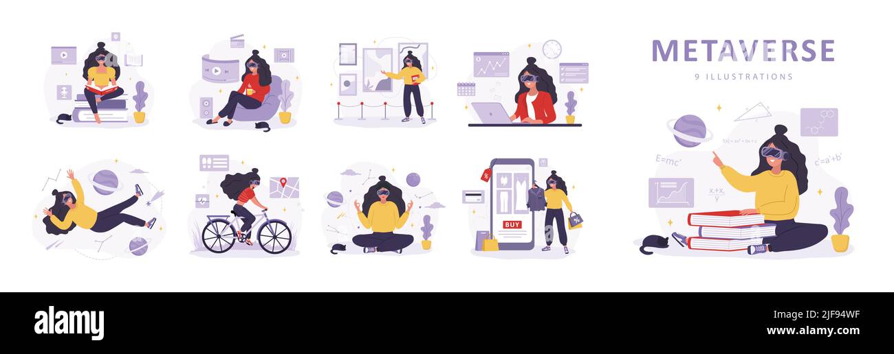 Concept métaverse. Les femmes en lunettes virtuelles apprennent, méditant, travaillant et faisant du sport. Les filles portent des casques VR. Technologie moderne Illustration de Vecteur