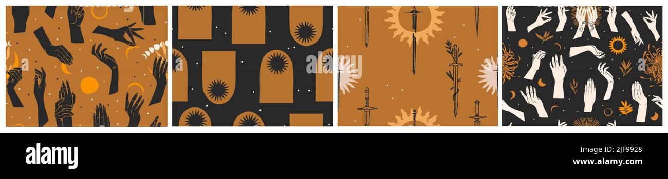Dessin à la main vecteur résumé plat graphique illustration collection de motifs sans couture ensemble avec astrologie magique Astro phases de lune d'or céleste, soleil et Illustration de Vecteur