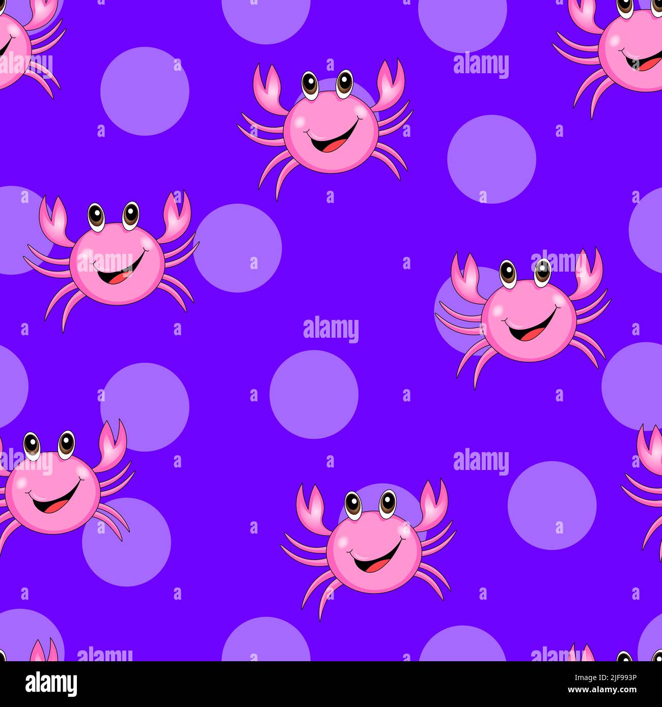 Motif sans couture avec joli crabe rose sur fond de pois violets. Illustration de Vecteur