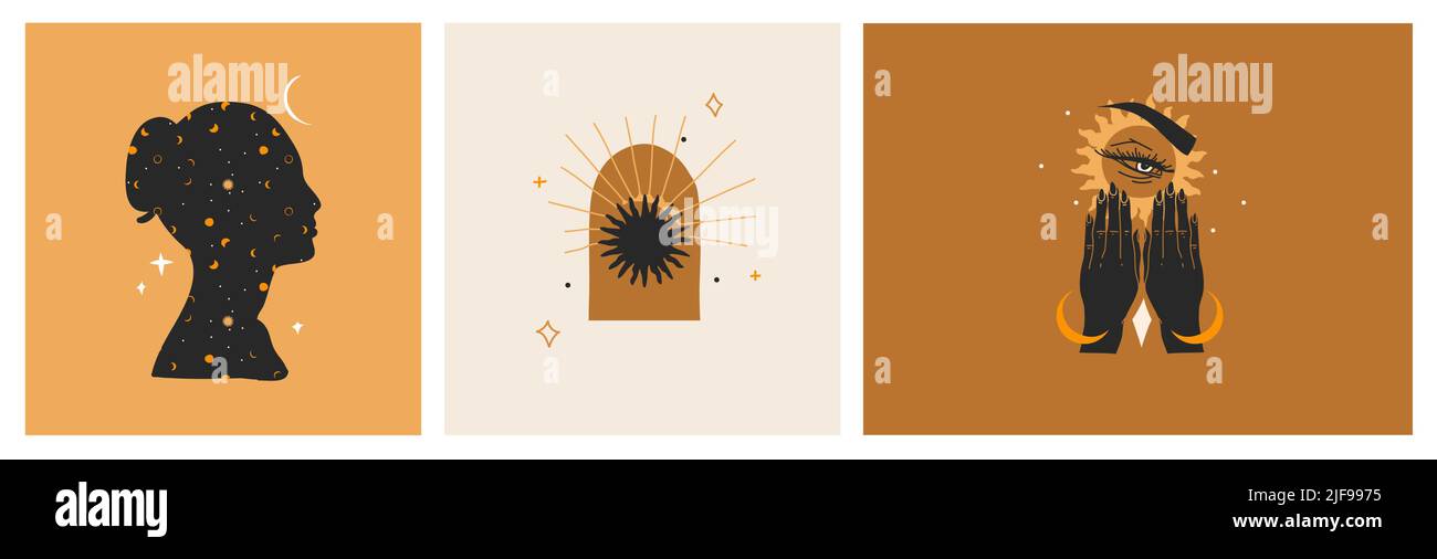 Dessin à la main vecteur résumé stock plat illustrations graphiques ensemble avec élément de logo, astrologie bohème art magique de l'espace galaxie, croissant de lune, étoiles, soleil Illustration de Vecteur