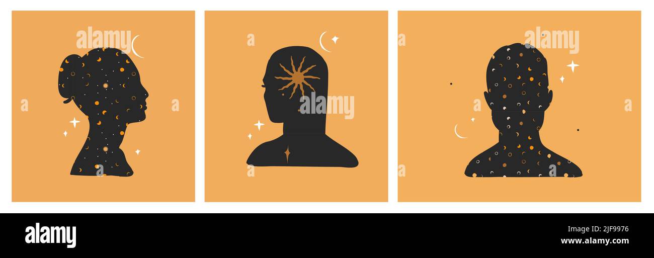 Dessin à la main vecteur résumé stock plat illustrations graphiques ensemble avec élément de logo, astrologie bohème art magique de l'espace galaxie, croissant de lune, étoiles, soleil Illustration de Vecteur