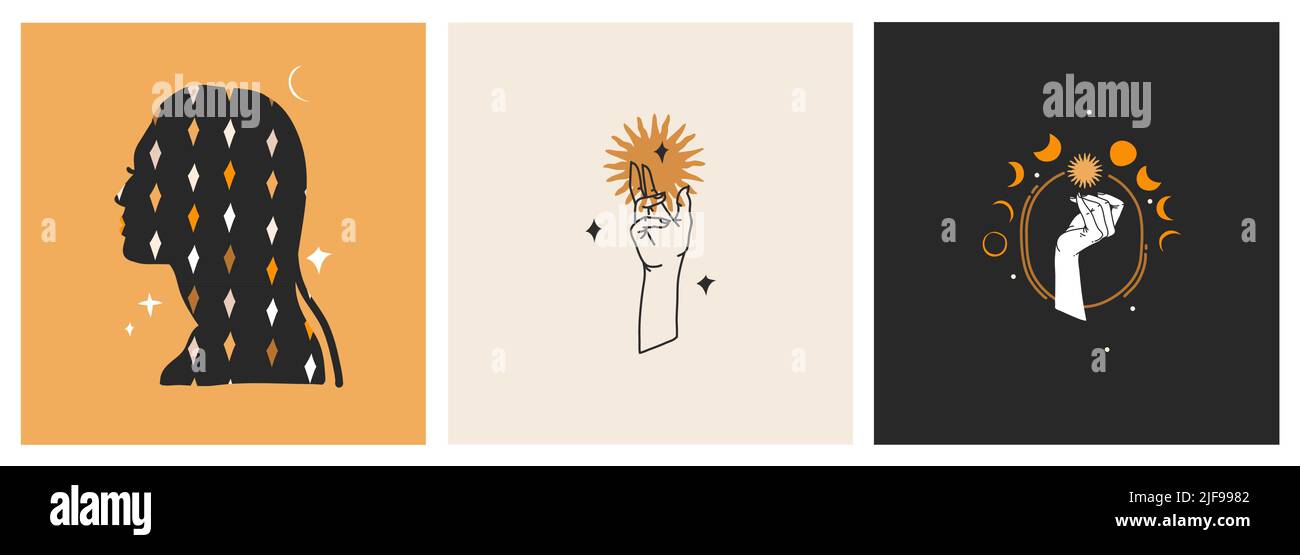 Dessin à la main vecteur résumé stock plat illustrations graphiques ensemble avec élément de logo, astrologie bohème art magique de l'espace galaxie, croissant de lune, étoiles, soleil Illustration de Vecteur