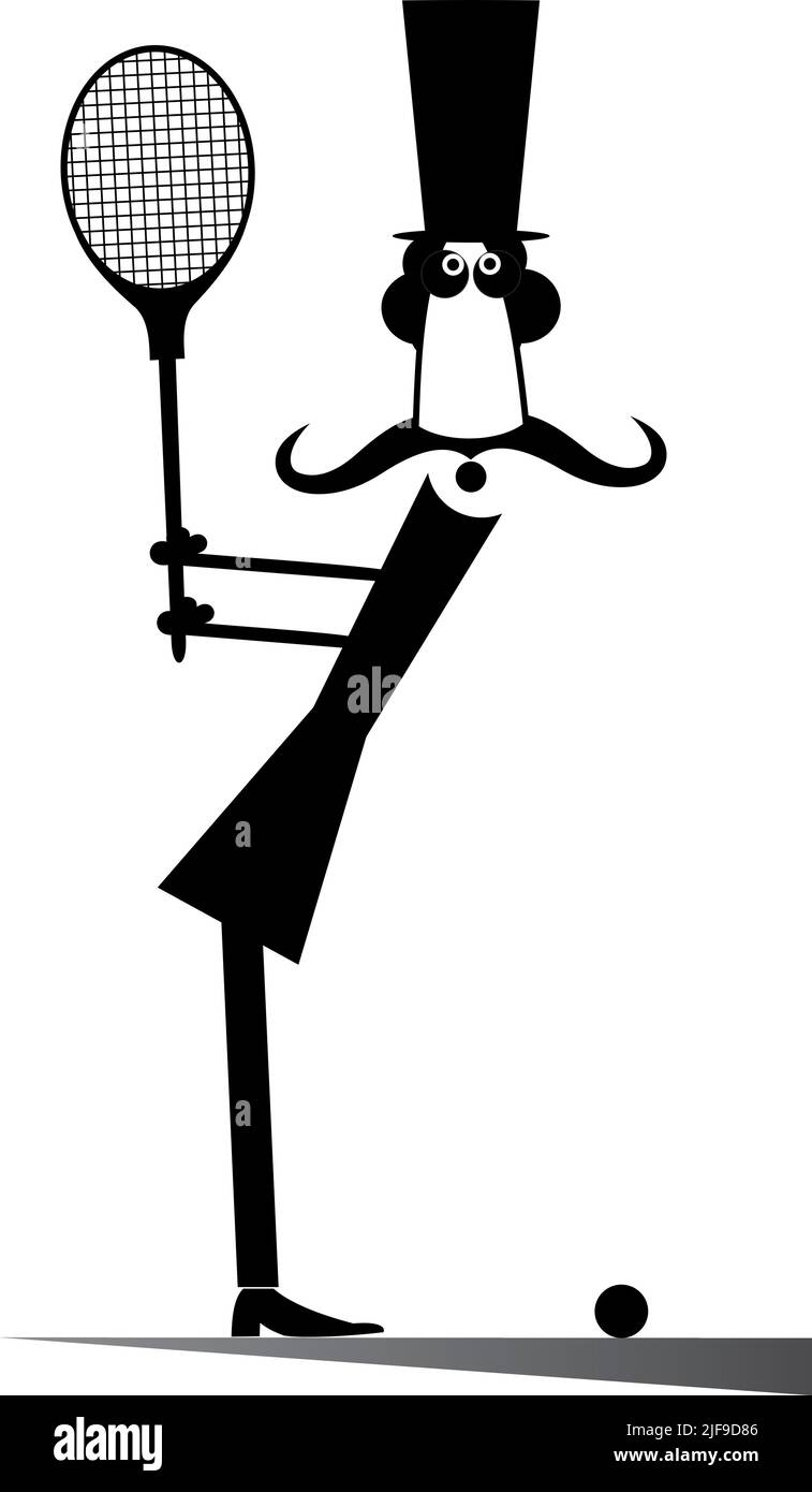 Monsieur joue au tennis illustration isolé. Dans l'homme moustache top hat joue au tennis noir sur blanc Illustration de Vecteur