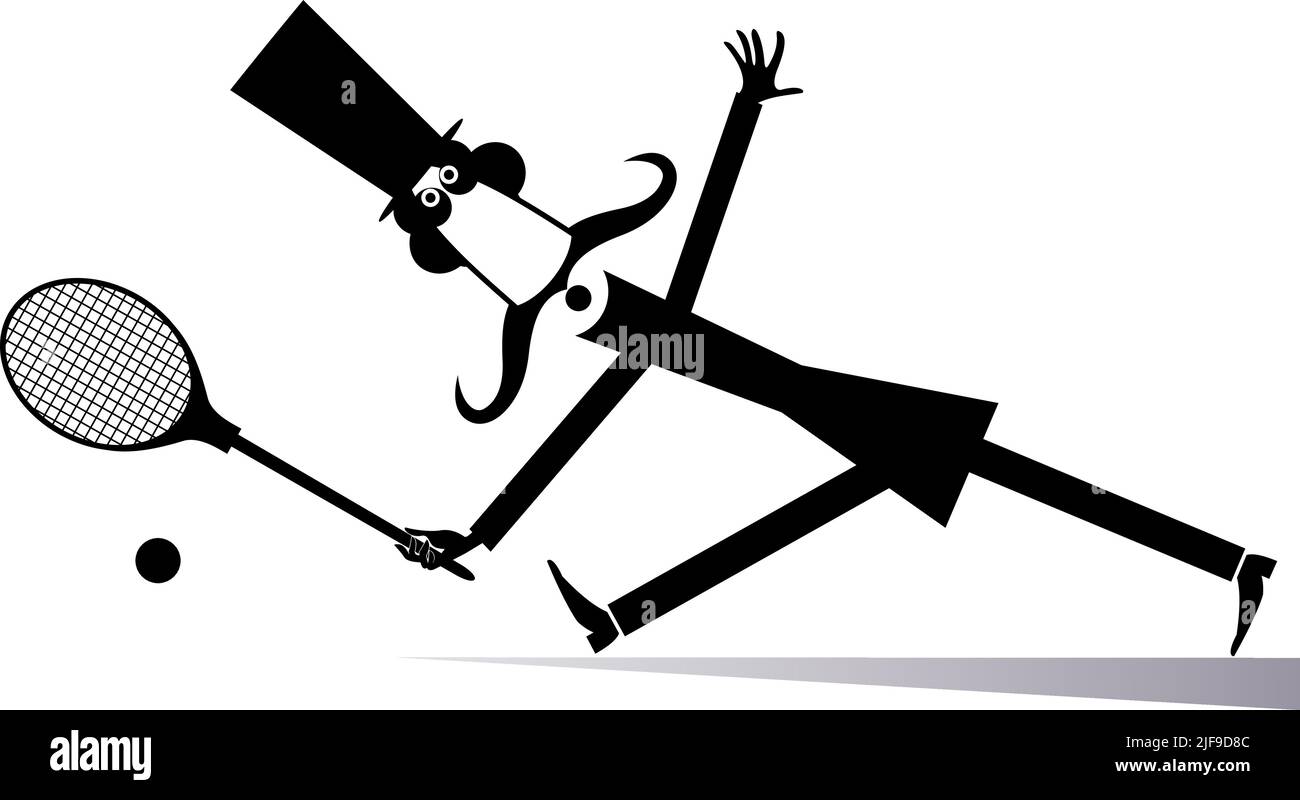 Monsieur joue au tennis illustration isolé. Dans l'homme moustache top hat joue au tennis noir sur blanc Illustration de Vecteur