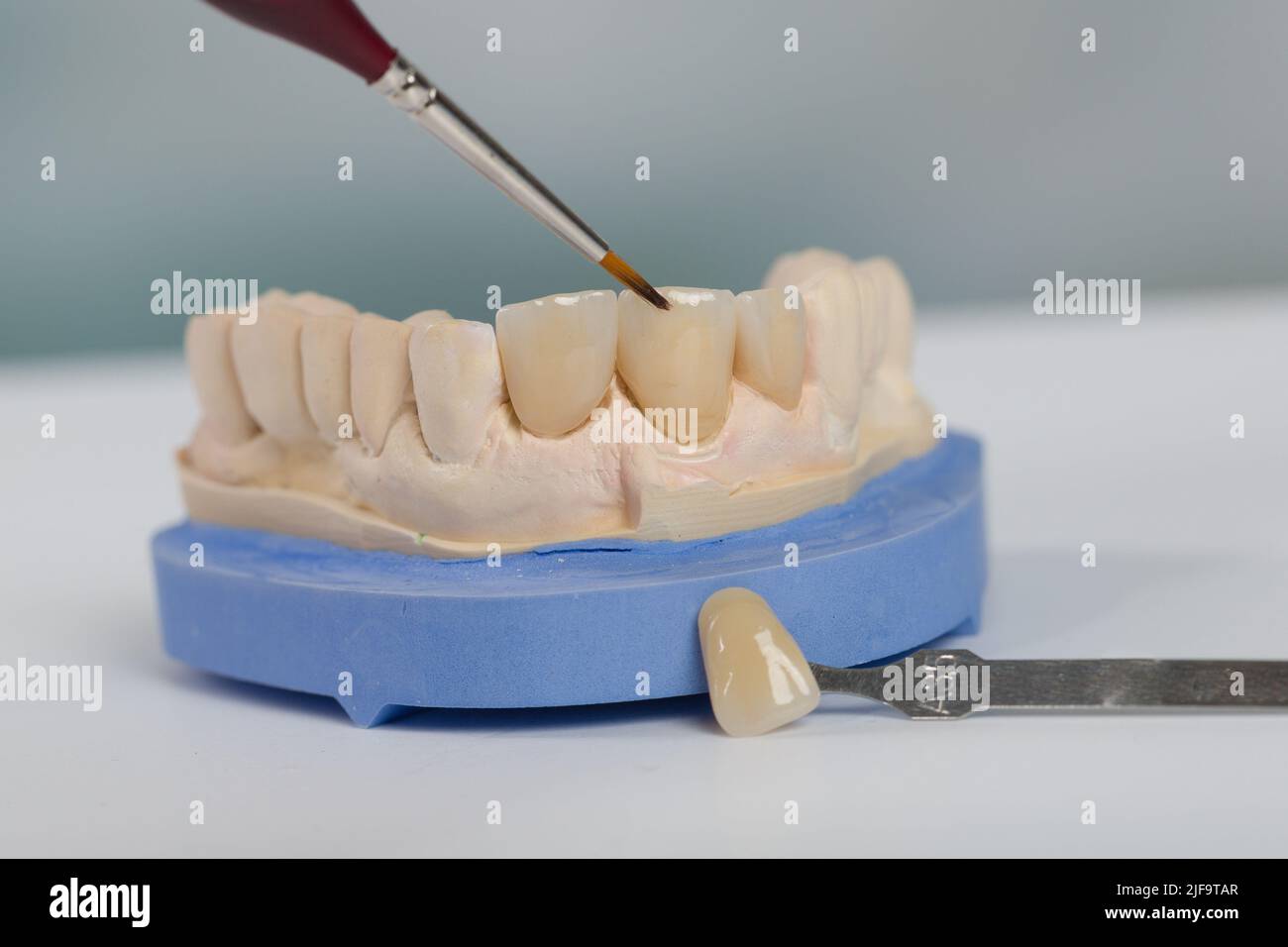 gros plan des travaux de peinture à la dentition artificielle avec un pinceau dans un laboratoire dentaire Banque D'Images