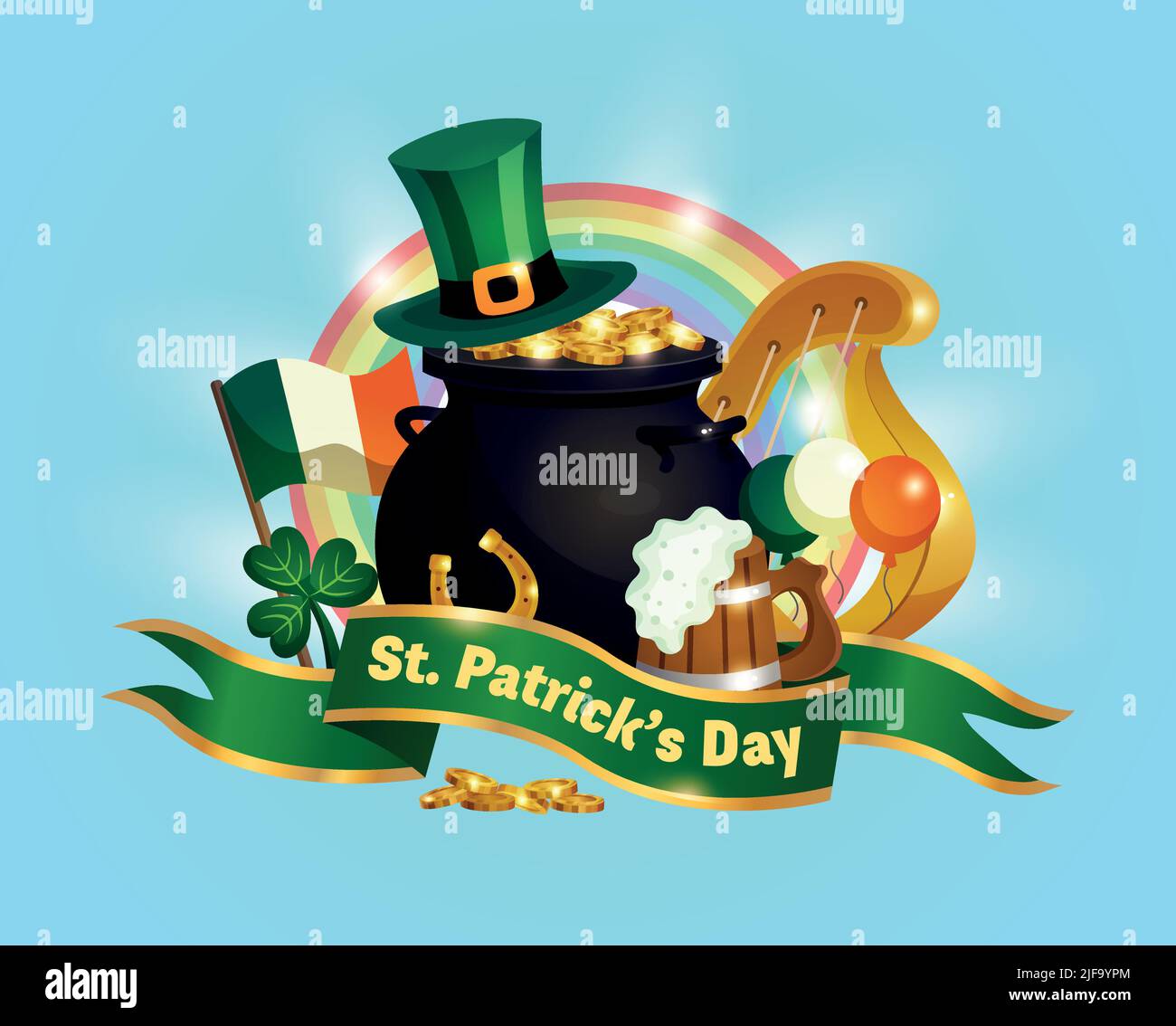 Saint patricks jour composition horizontale avec texte sur ruban drapeau de l'irlande chapeau trèfle et illustration de vecteur arc-en-ciel Illustration de Vecteur