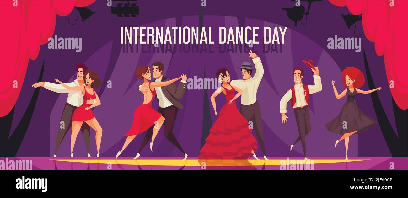 Composition horizontale de la journée internationale de danse avec des couples professionnels qui dansent dans une salle de bal sur une illustration vectorielle plate de piste de danse Illustration de Vecteur