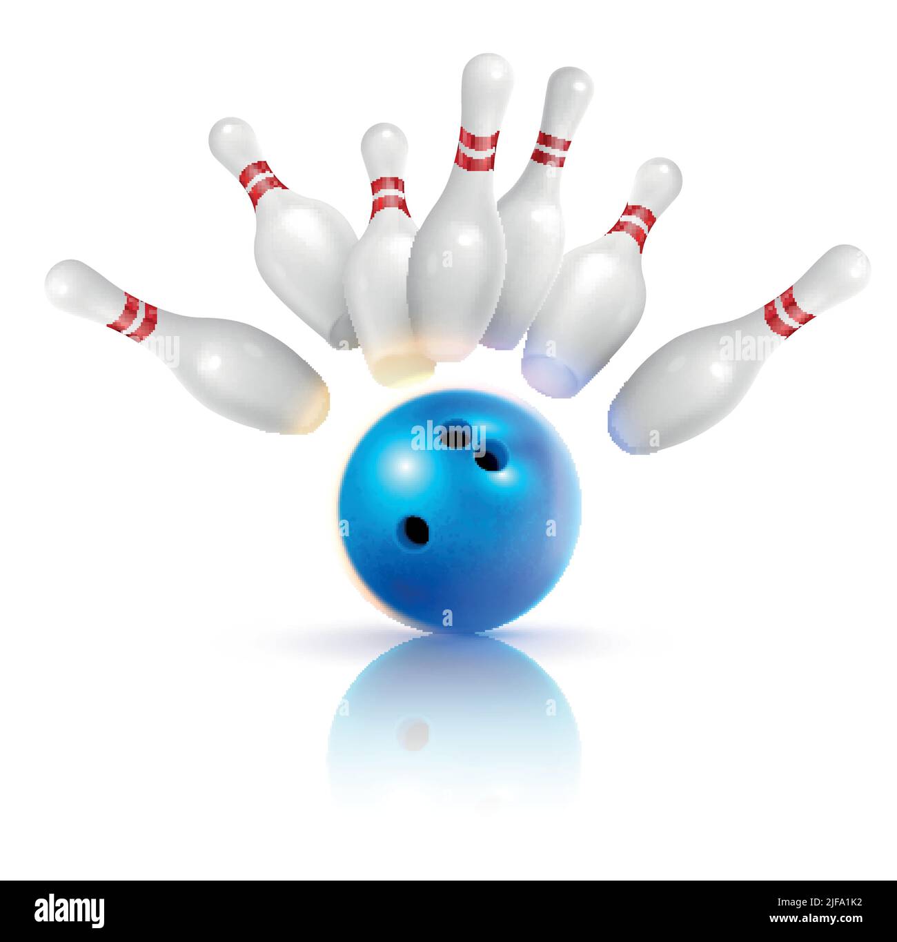 Composition réaliste de bowling avec images de balle de frappe et de épingles volantes avec ombres sur l'illustration vectorielle d'arrière-plan vide Illustration de Vecteur