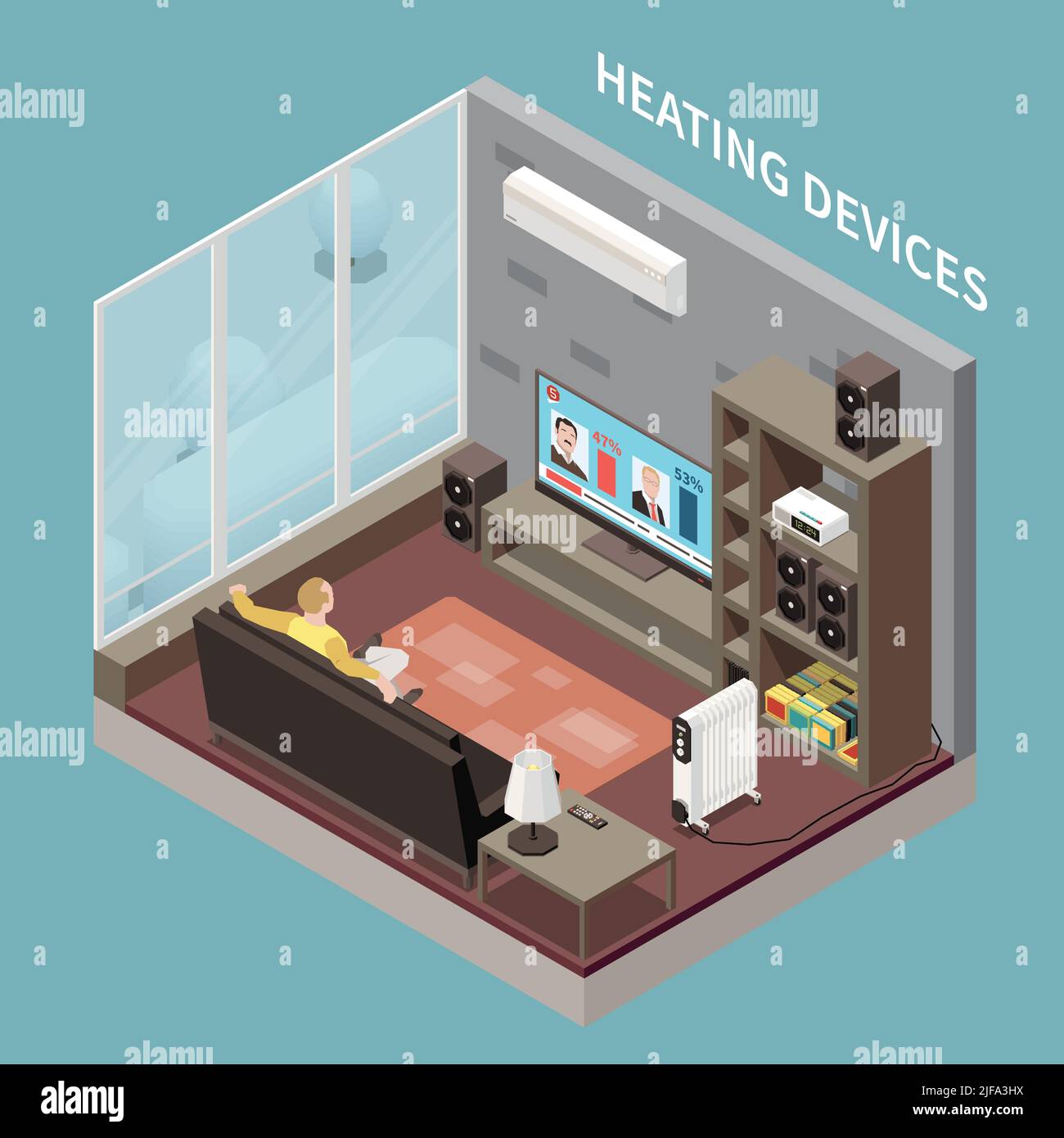 Homme regardant la télévision dans la salle de séjour avec des dispositifs de chauffage climatisation et radiateur illustration vectorielle isométrique Illustration de Vecteur